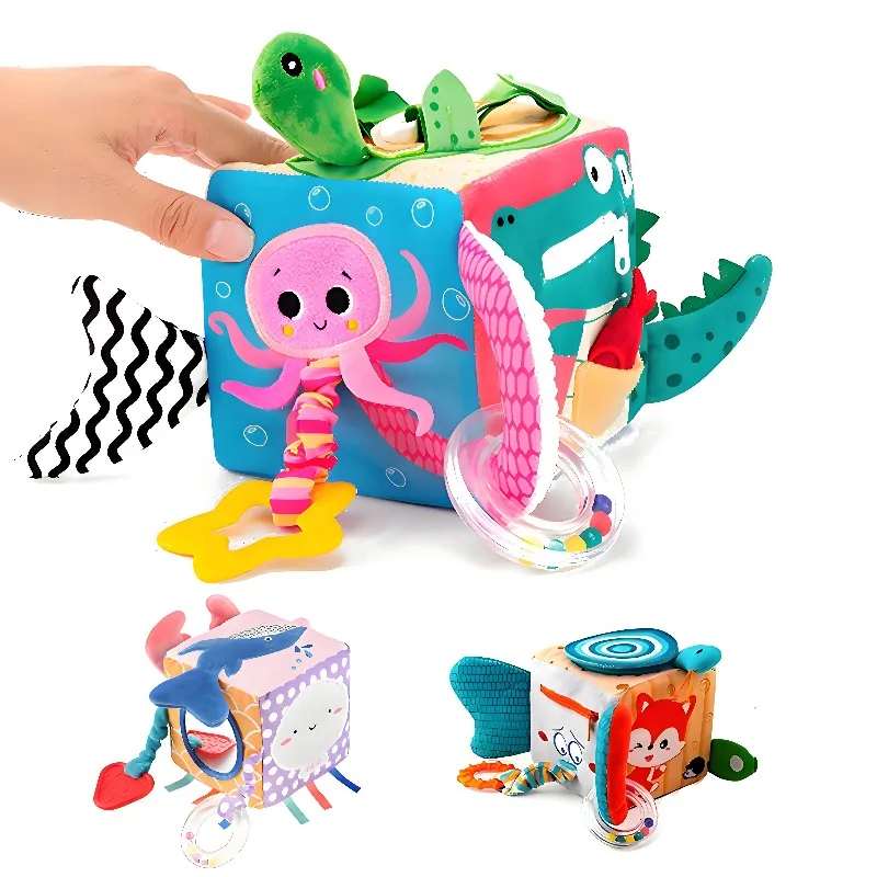 مكعب قماش ناعم تعليمي مبكر لنشاط نسيج الطفل كتلة قماش حسية للطفل 0 12 شهرًا خشخيشات ألعاب موسيقى للهواتف المحمولة #1