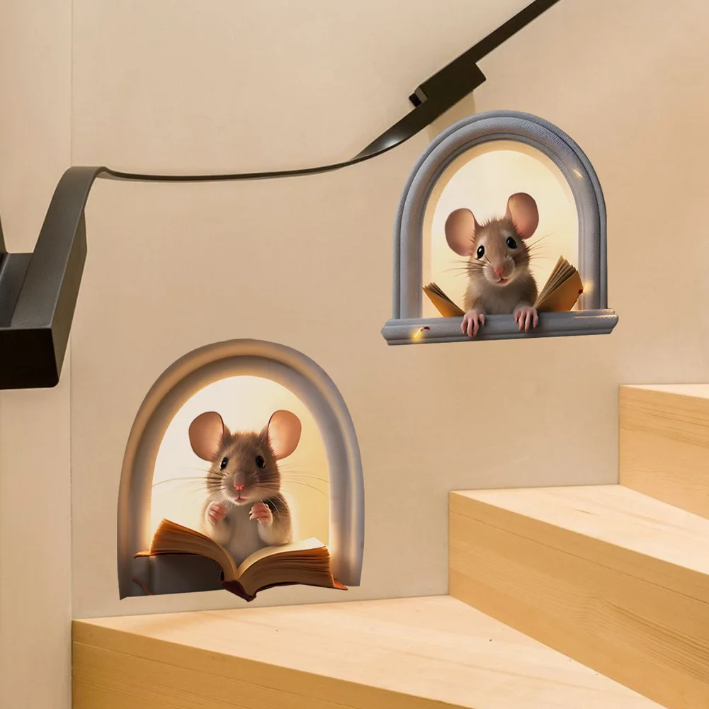 Cartoon Little Mouse Reading Wall Sticker Living Room Bedroom Decor Mural Staircase Corner Home Decoration Self-adhesive Decals