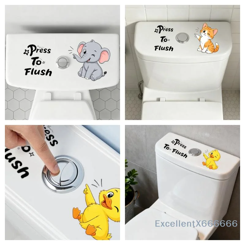 Toilet Stickers Creative Cartoon Press To Flush Waterproof Self Adhesive Removable Decals for Small Apartment Bathroom