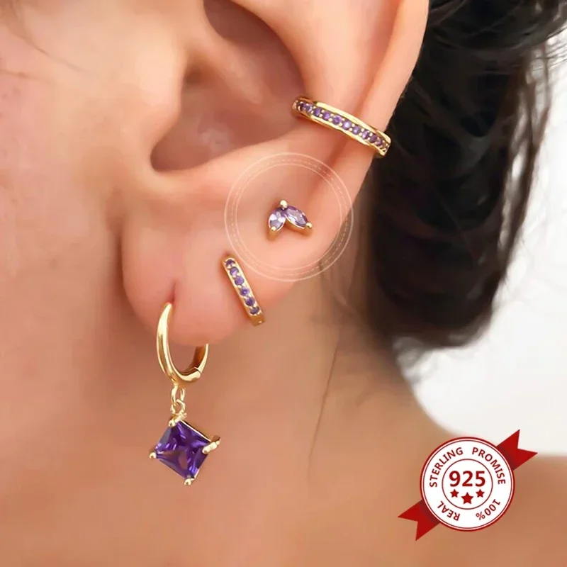 Pendant Huggie 925 Sterling Silver Earrings Elegant Purple Series hoop Earrings Crystal Zircon Gold Fashion Wedding Jewelry 2023