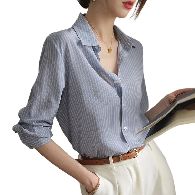 Blue Striped Shirts & Blouses for Women Full Long Sleeve Woman Top Chiffon Spring Autumn Button Up Loose Aesthetic High Quality