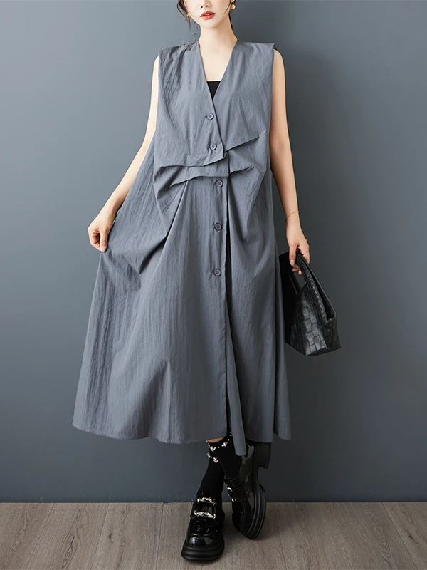 SuperAen Solid-color Asymmetrical Pleated Sleeveless Shirt Dress for Women Summer New Fashion and Casual Loose V-neck Dresses