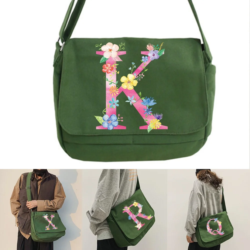 Large Capacity Shoulder Bags Green Canvas Leisure Travel Messenger Bag Women Crossbody Package pink Initial Name Series