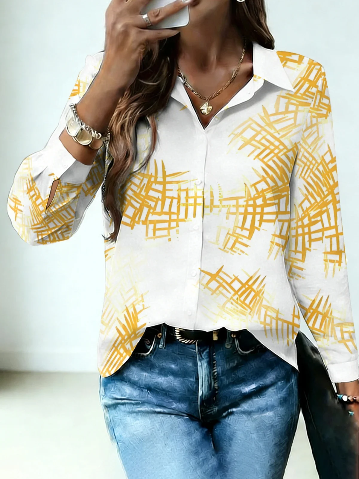 Abstract Art Minimal Womens Collared Shirt Clean White Base Scattered Golden Intersecting Cross Line Allover Print Long Sleeve G