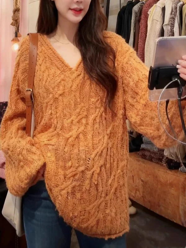 

Ele Loose Long Sve Knitted Sweater Women's Faion Spring New Sle Slimming Color Twist Knitwear Top