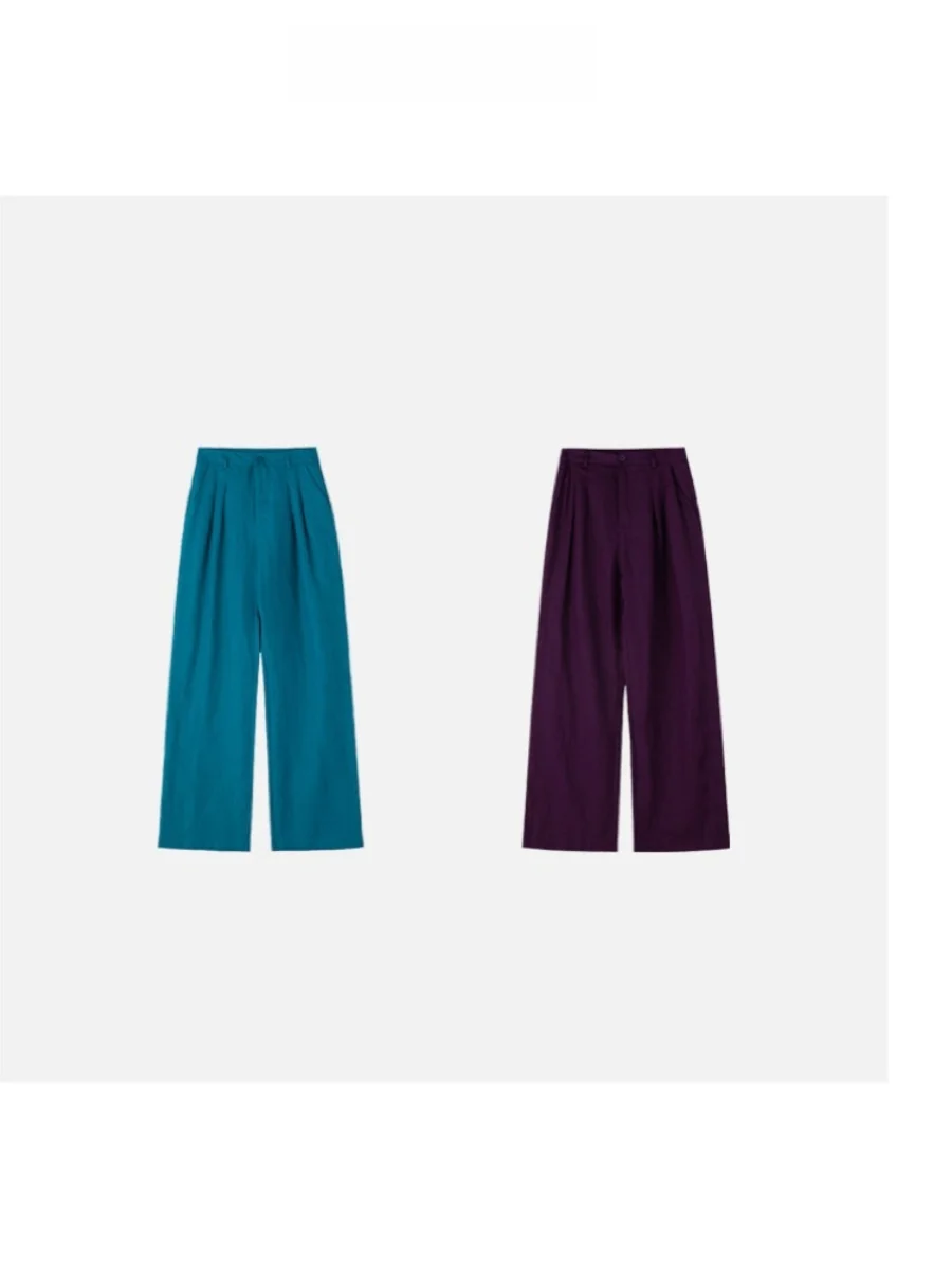 

l Linen Button Waist Blue Purple Pants Spring Summer "Dui Lady" JINGJING2024 Casual Long Trousers Commute Sle