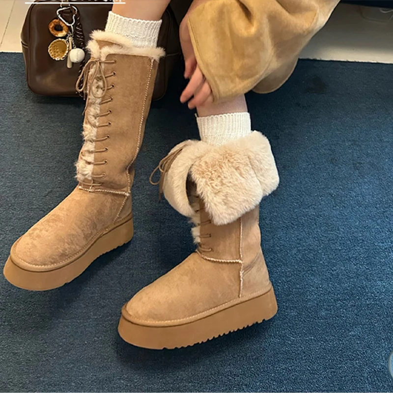

Fur Knee High Snow Women Boots Winter Women Shoes Luxury Flats Platform Suede Plush Warm Cotton Shoes Lace Up Round-toed Boots