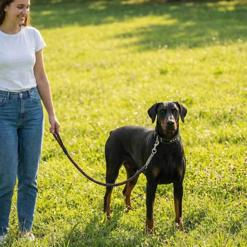Leather dog collar with drawstring set, hand woven shock-absorbing dog chain, medium to large size dog