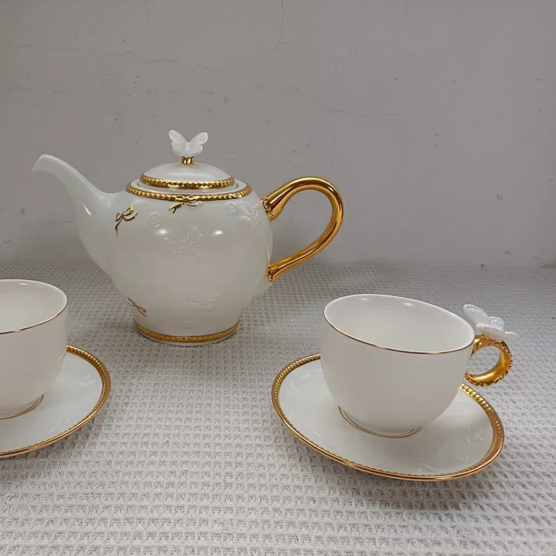 

European Style High-end White Embossed Golden Three-dimensional Butterfly 1 Pot 2 Cups Set Tea Pot Coffee Pot Coffee Cup Plate