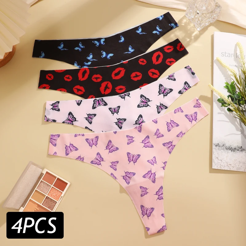 4 Teile/satz Eis Seide Nahtlose Höschen Sexy V Taille G-String Tanga T-Zurück Weibliche Atmungsaktive Unterwäsche Leopard Friut Muster dessous