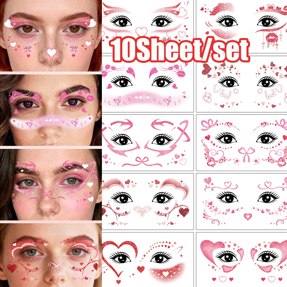 

10 шт./компл., блестящие розовые, красные, наклейки с татуировкой в виде сердца на день Святого Валентина, милый слайдер с бантом/сердцем для лица, вечерние слайдер для лица/глаза