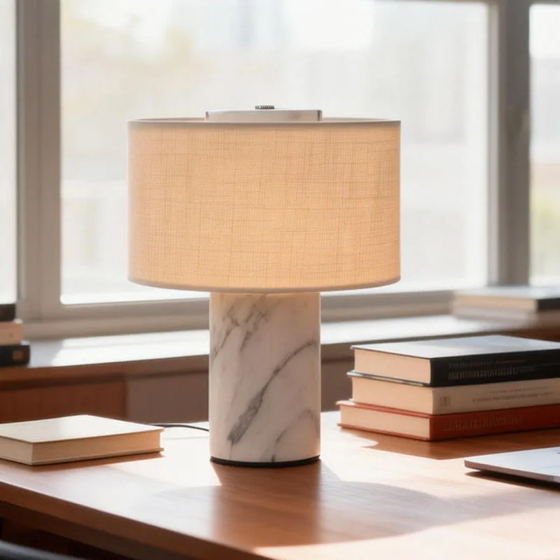 Modern marble table lamp with fabric lampshade bedside table lamp is suitable for living room and bedroom