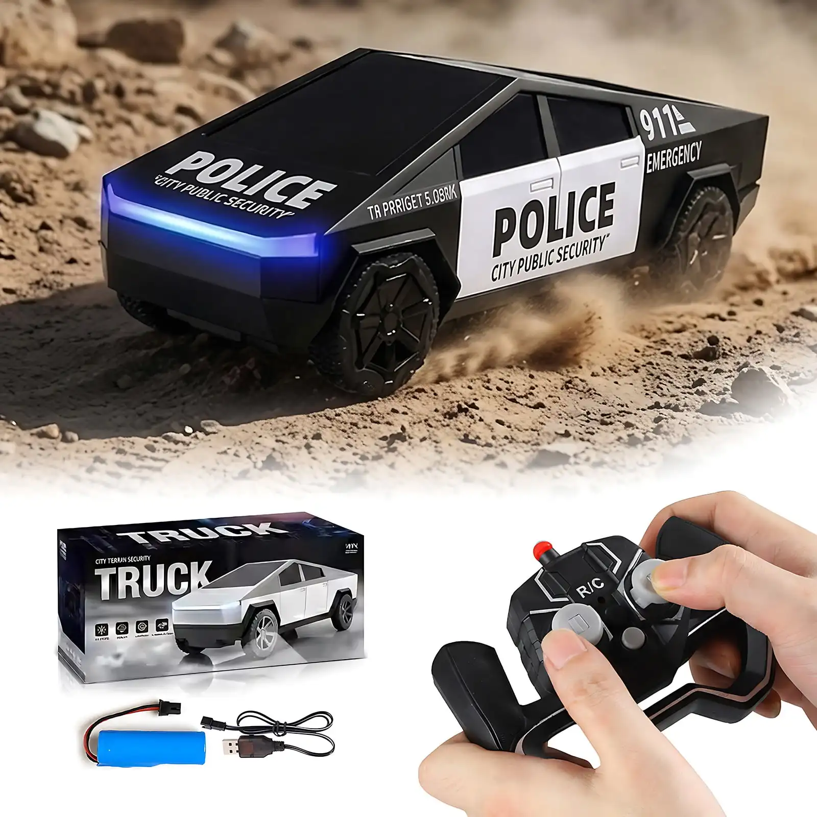RC Cybertruck Police Pickup Truck 1:24 4WD Remote Control Car High Speed Off Road Vehicle with LED Lights Rechargeable Kids Gift