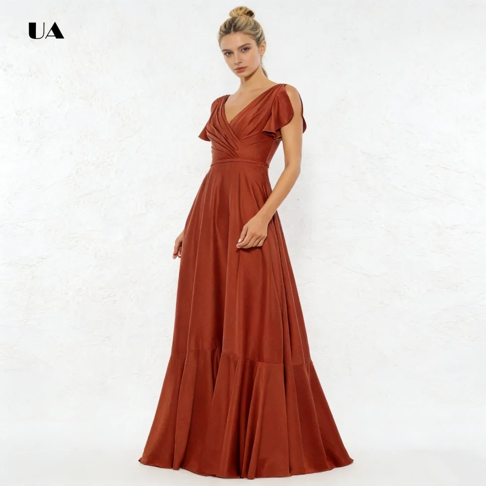 

Satin A-line Prom Dress with Split Flounce Sleeves Solid V-neck Evening Dresses for Women Classic Pleated Customized Party Gown
