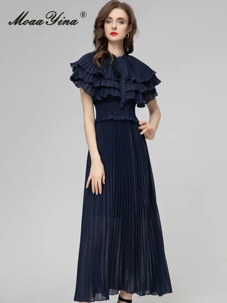 

MoaaYina Spring Fashion Runway Navy Blue Vintage Pleated Dress Women O Neck Ruffles Frenulum High Elastic Waist Slim Long Dress