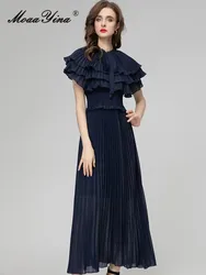 MoaaYina Spring Fashion Runway Navy Blue Vintage Pleated Dress Women O Neck Ruffles Frenulum High Elastic Waist Slim Long Dress