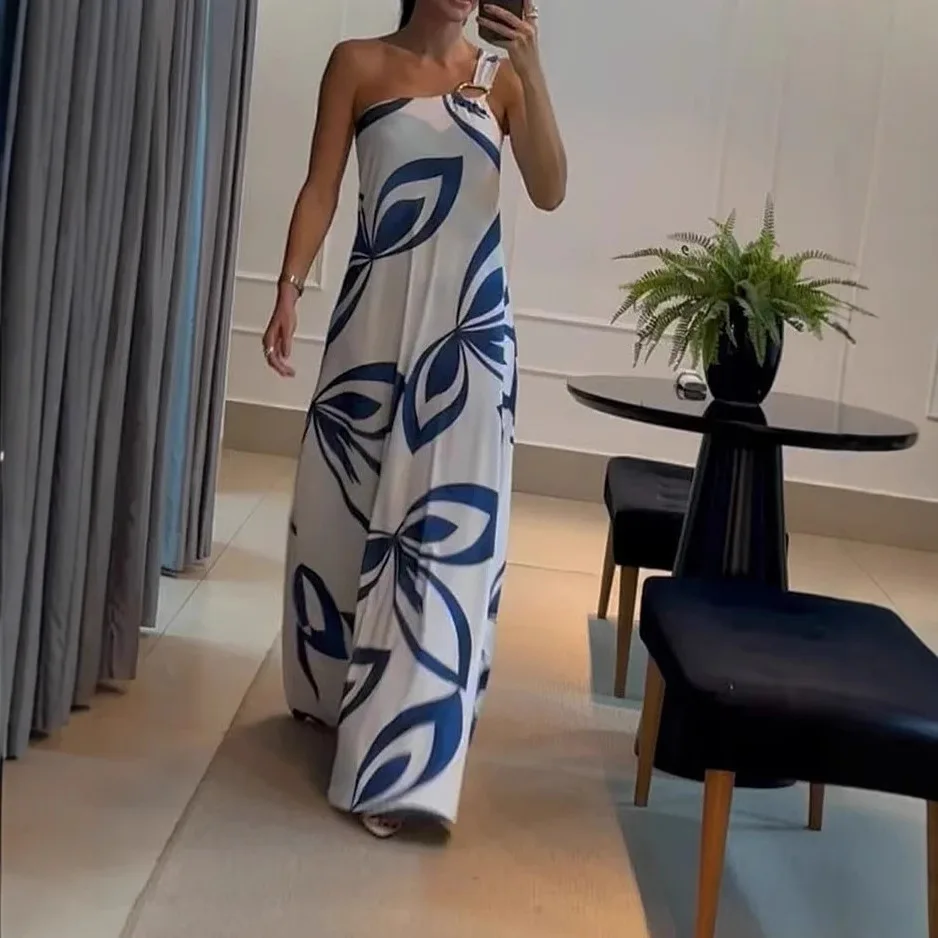 

Summer Dress for Women 2024 New Slant Neck Fashion Printed Open Back Casual Dresses Sleeveless Long Skirt Female Streetwear