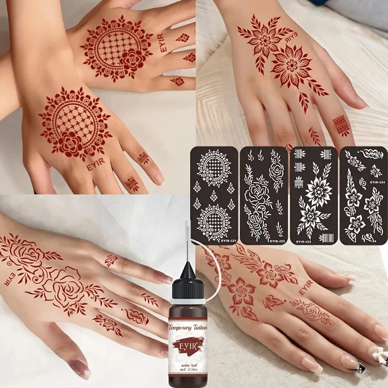 EYIR Wine Red Temporary Tattoo Paste Kit With 4 Floral Mandala Stencil Sets Henna Body Art Ink DIY Hand Painting Design