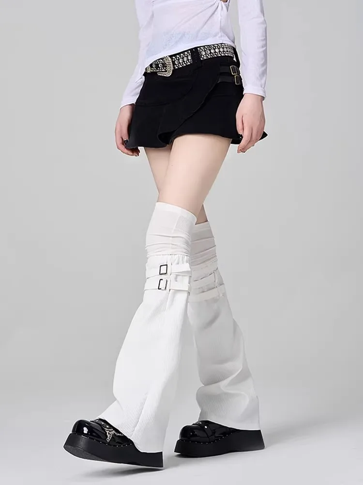 Black White Fake Two Piece Leg Sleeves, Subculture Leather Buckle Slouch Wide Leg Over Knee Socks R2709