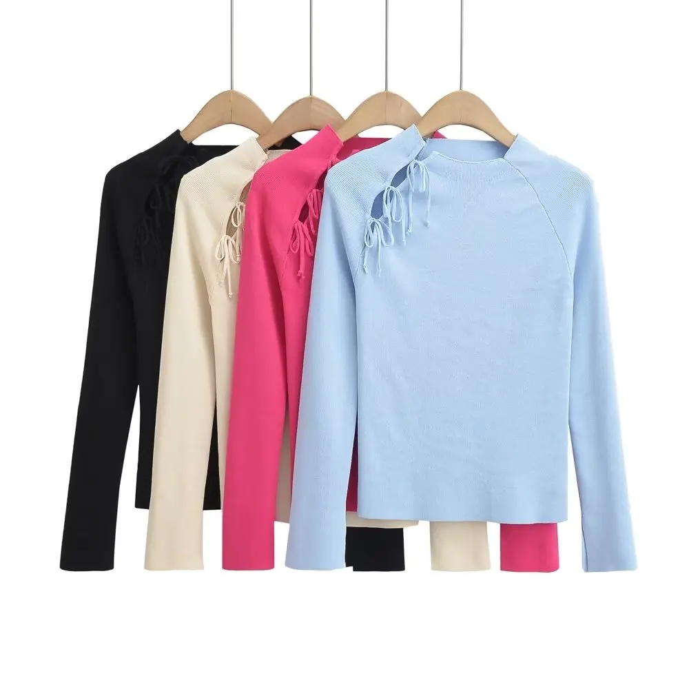 Women Split Lace Up Knitwear Solid Color Long Sleeve Stretchable Slim Sweaters Pullover