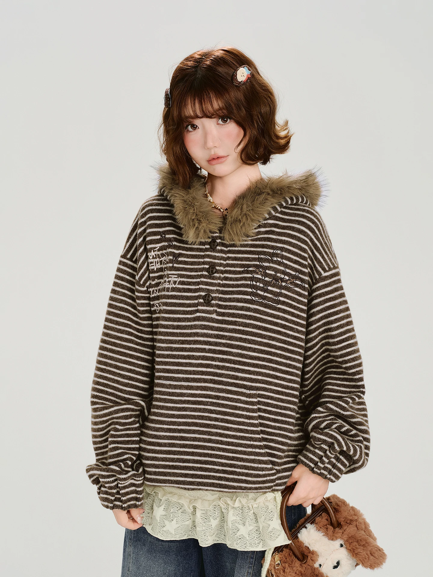 

Girly American Retro Embroidered Fur Collar Hoodie Women's Autumn Winter Loose Top Striped Knitted Long Sve Cardigan