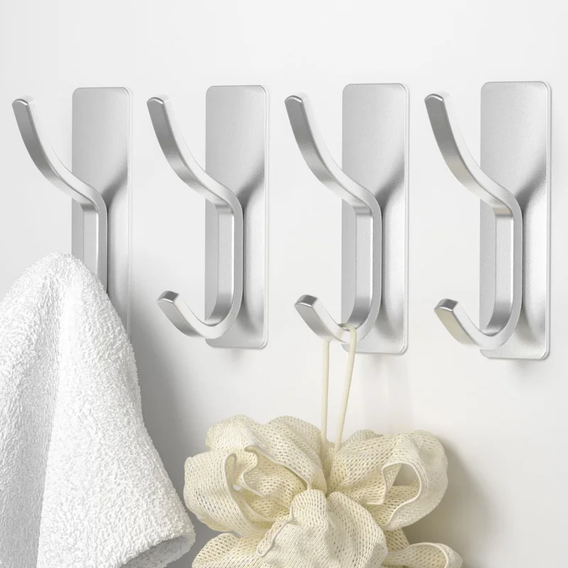 

Самоклеящиеся настенные — 4 шт. в упаковке серебряных изогнутых двойных крючках, зернистая блестящая отделка, многофункциональные вешалки для пальто, полотенец и R