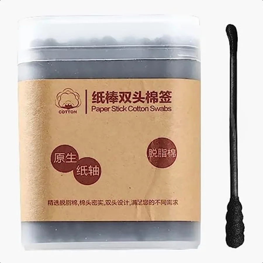 ไหมพันหูอเนกประสงค์ ปลายแบบเกลียวสีดำและปลายแบบที่แคะหู ทำจากเยื่อไม้ พร้อมกล่องเก็บใส ปลอดภัยสำหรับใช้ในหู