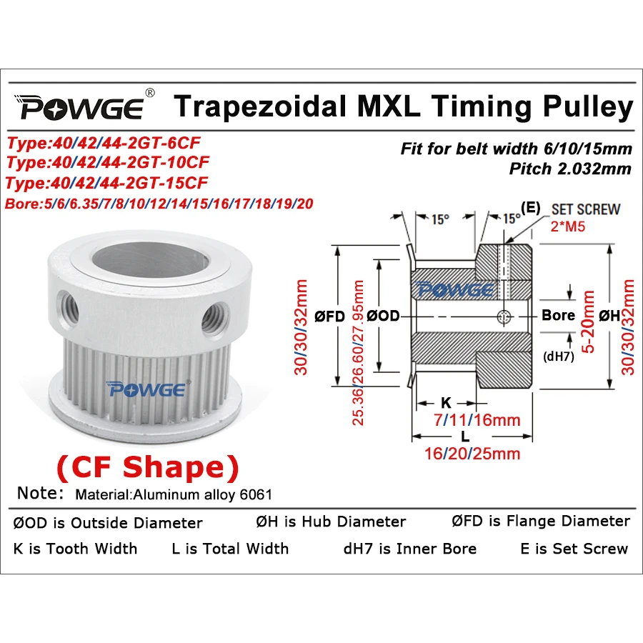 POWGE Trapezoidal 40 42 44 teeth MXL Timing Pulley Bore 5/6/6.35/7/8/10/12/14/15/16/19/20mm for belt width 6/10/15mm 40T 42T 44T