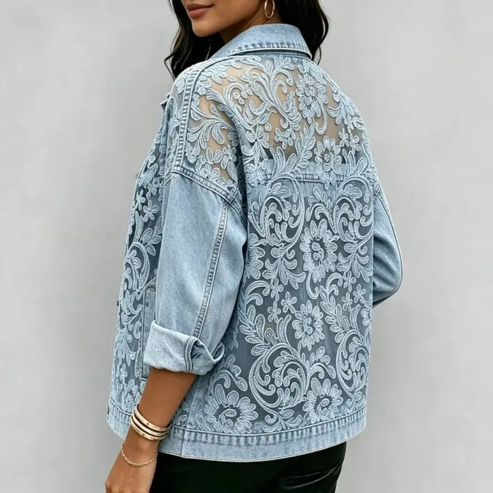 Women's See-Through Floral Lace Embroidered Patchwork Denim Long Sleeve Jacket Casual Streetwear Short Outerwear for Spring Fall