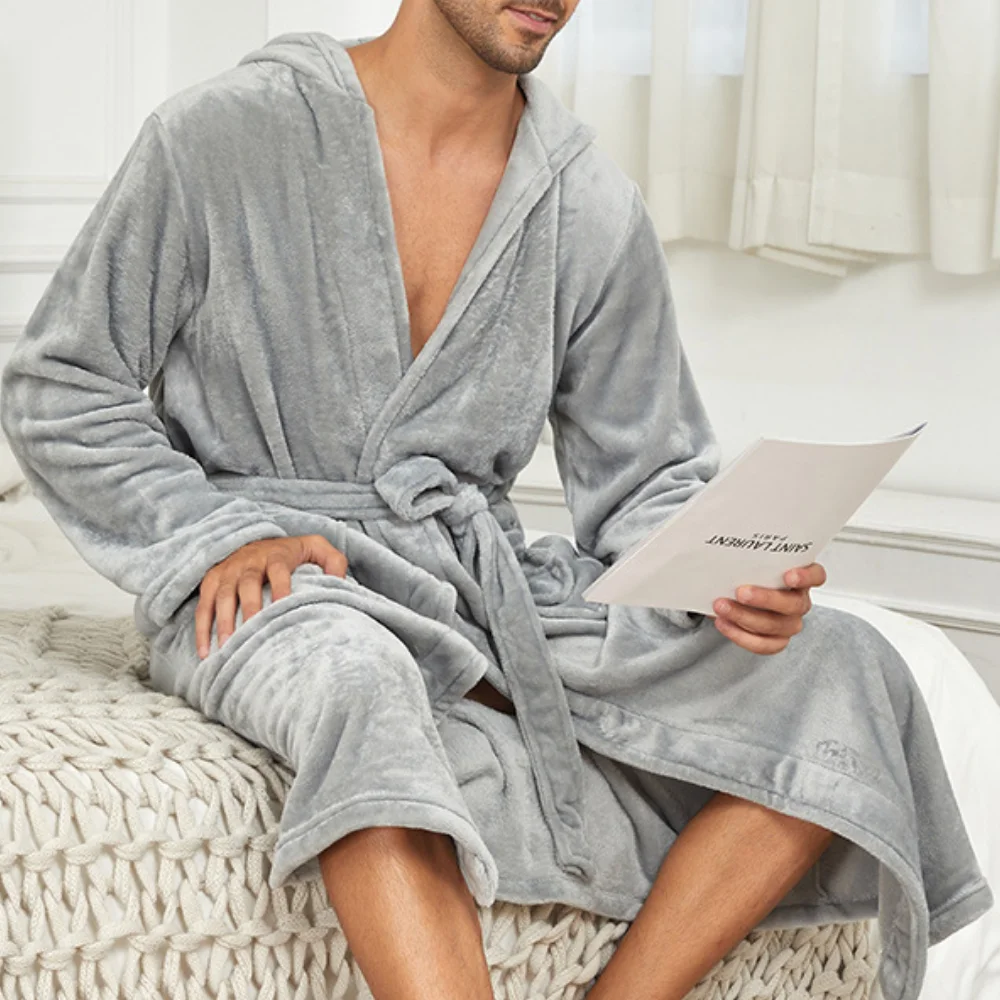 Autumn Winter Flannel Hooded Robe for Men Solid Color Warm Shower Kimono Bathrobe Gown Soft Home Clothes with Pocket Nightgown