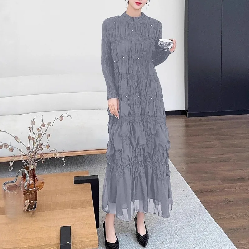 

Плиссированное платье Miyake, длинное шифоновое платье, темпераментное, элегантное, тонкое, длинное платье, французская элегантная эластичная одежда, европейская одежда