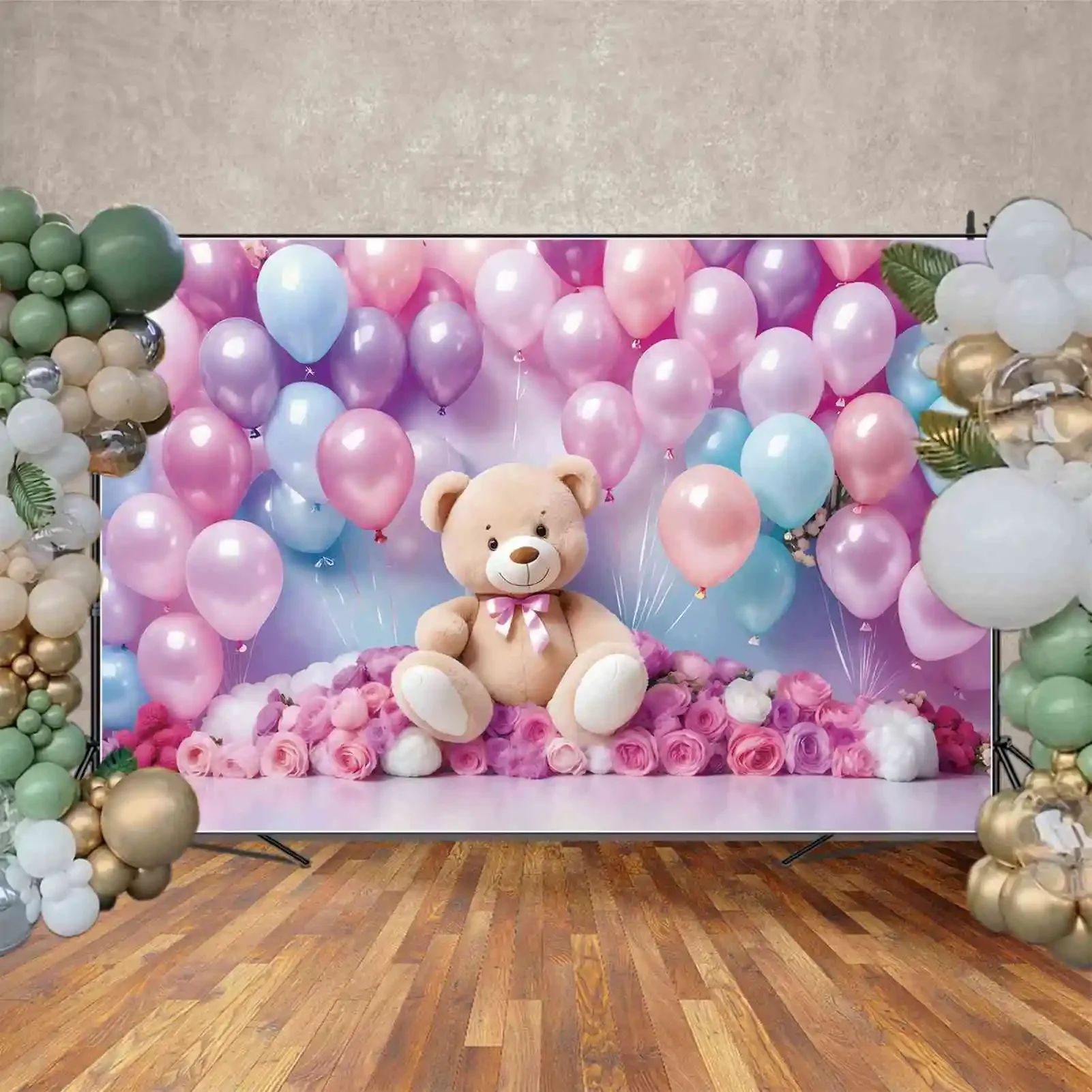 MOON.QG Teddy Bear Balloons First Birthday 1Year Backdrop Oh Baby Shower Party Background Pink Flower Shooting Photography Props