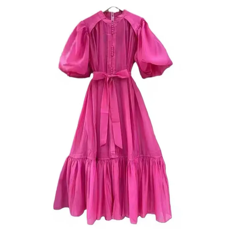 

Модное однобортное платье с рукавами-фонариками и завязками на талии + многослойная длинная юбка-бретелька с внутренней стороны