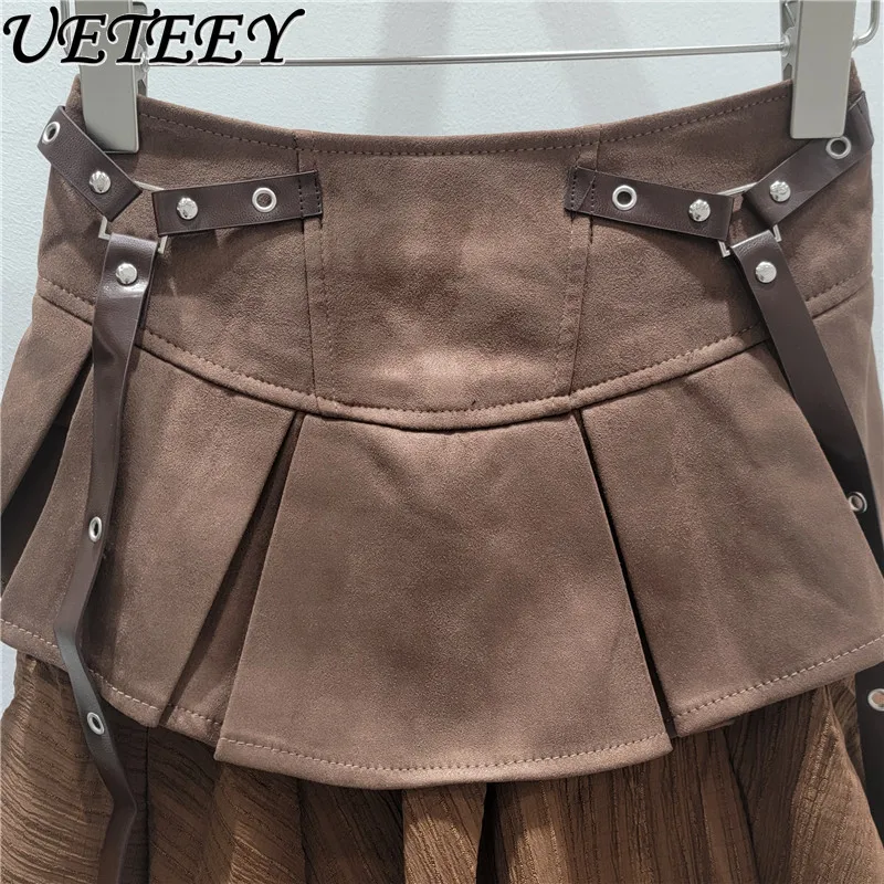 تنورة قصيرة كلاسيكية ذات ثنيات من جلد الغزال الصناعي للنساء، تنانير قصيرة أنيقة متعددة الاستخدامات عالية الخصر للتخسيس على شكل حرف a