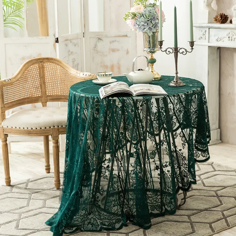 Dark Green Lace Tablecloth Round Table Home Wedding Birthday Romantic Decoration Hollow Out Tapete Mantel Table Cover Cloth