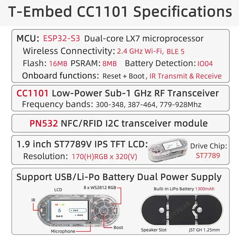 Picture 6: T-Embed ESP32-S3 CC1101 Low-Power Sub-1 GHz RF Transceiver PN532 NFC RFID I2C Module LCD Board Built-in Battery 1300mAh 1.9 inch