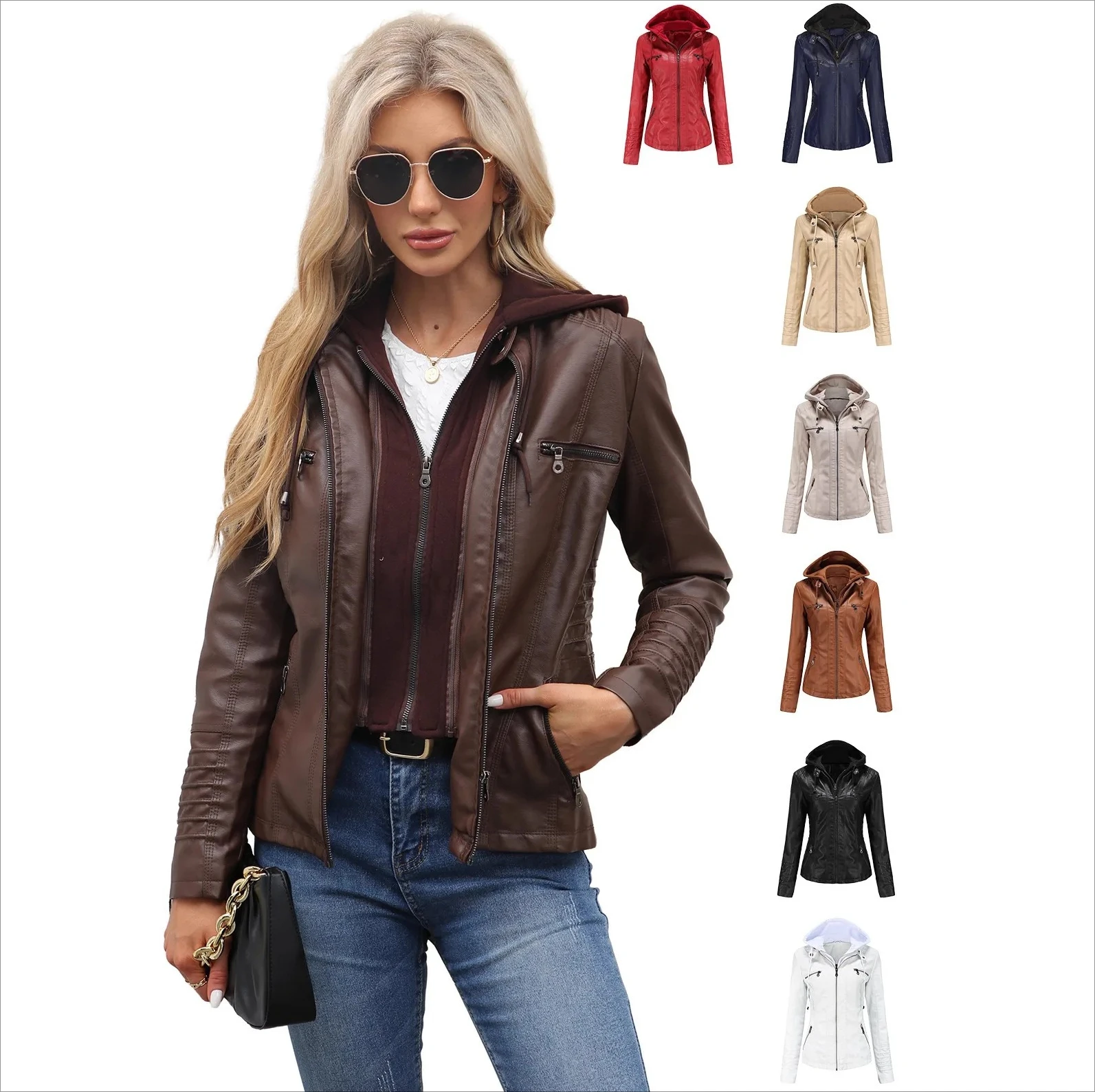 

Women's Faux Leather Jacket & Hood Set Detachable Hooded Coat Large Size Comfortable Spring Autumn Casual Outfit