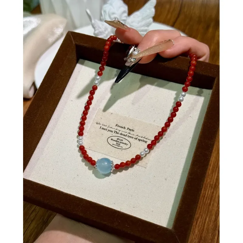 Temperament agate aquamarine beaded necklace fashion high sense collarbone chain neck chain