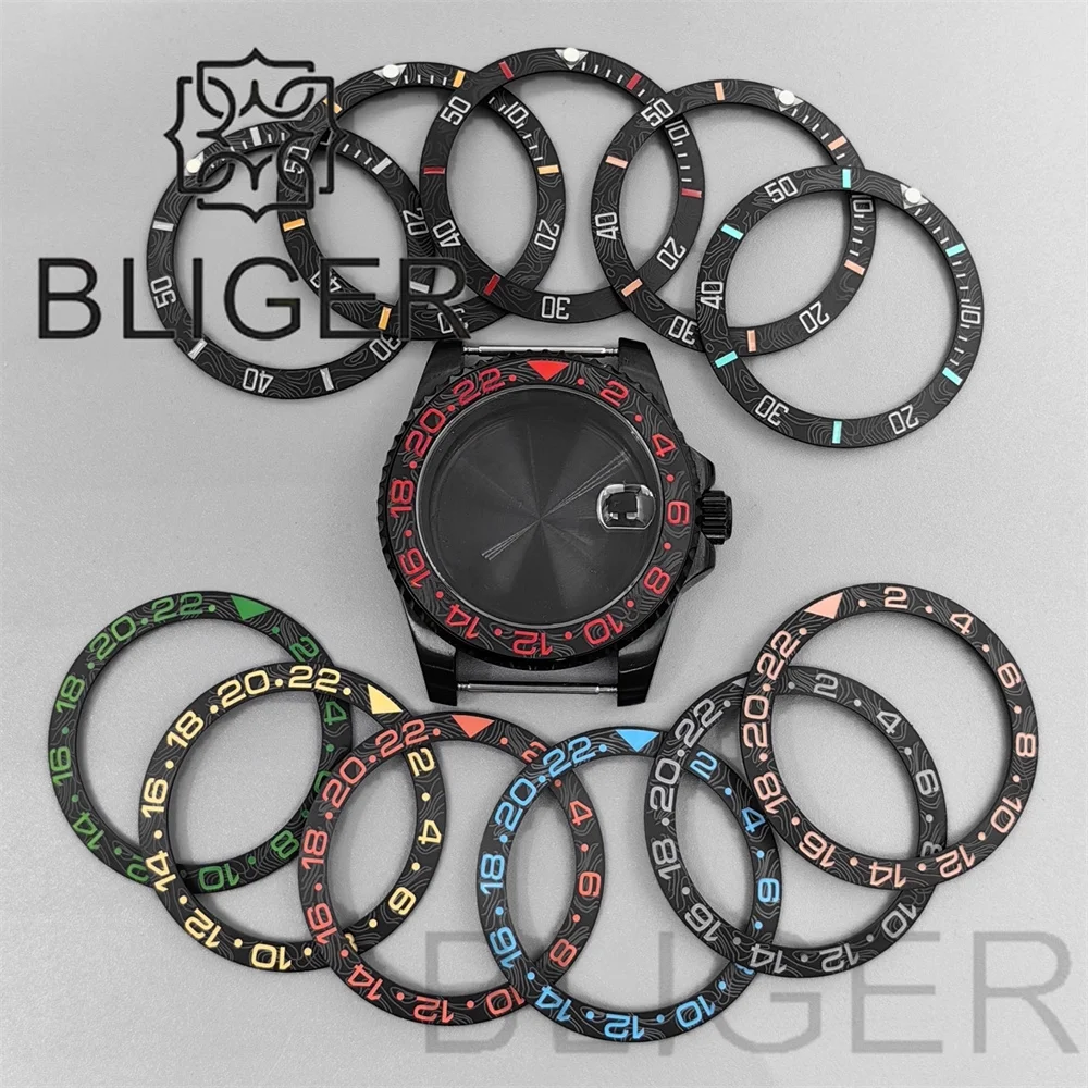 BLIGER 40mm Sapphire Glass Black SUB Diver Watch Case CarbonFiber Pattern Ceramic Bezel Fit NH34NH35 Miyota8215 PT5000 Movement