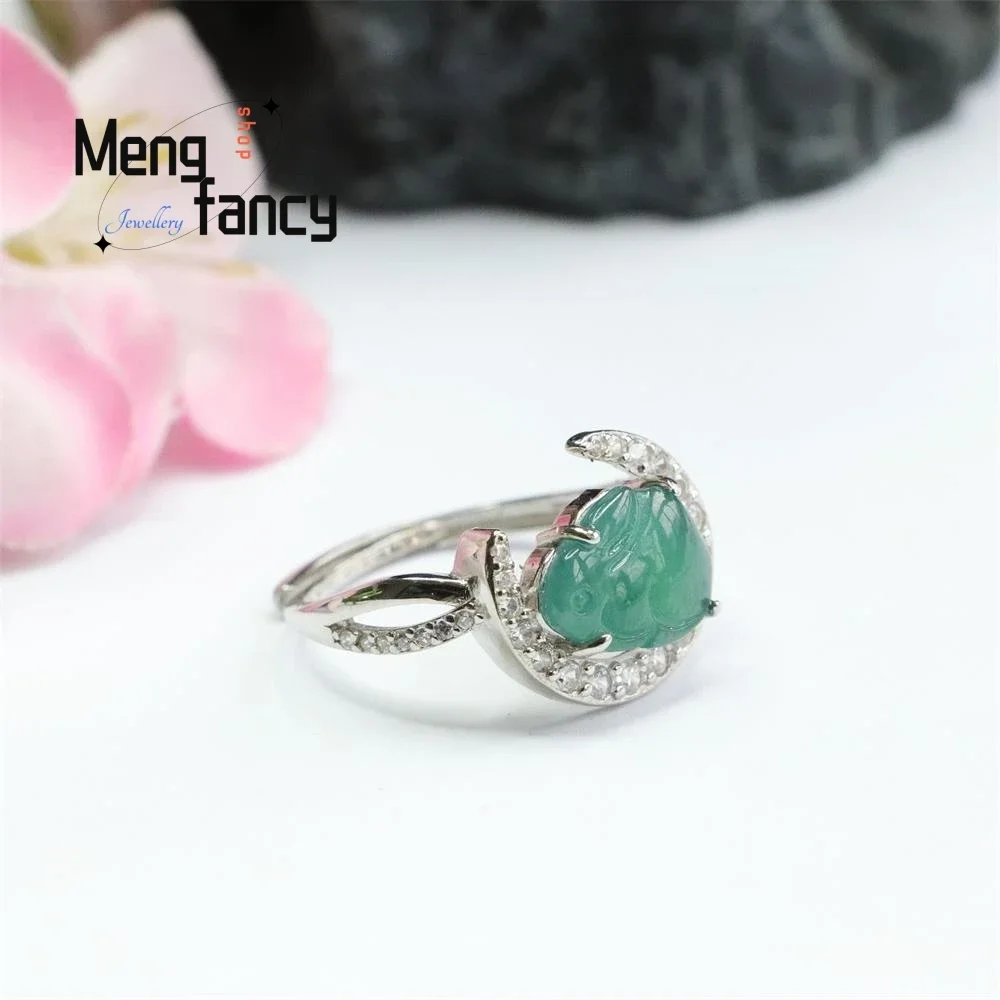 S925 Silver Lnlaid Natural Jadeite Ice Blue Water Zodiac Rabbit Ring Exquisite Elegant Eimple High-grade Luxury Quality Jewelry