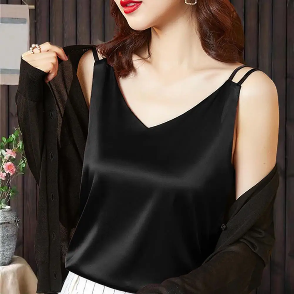 Camisola de seda gelo gola v feminino, top sem mangas, poliéster respirável, cor sólida, suspensórios, colete sexy, blusas, roupas femininas