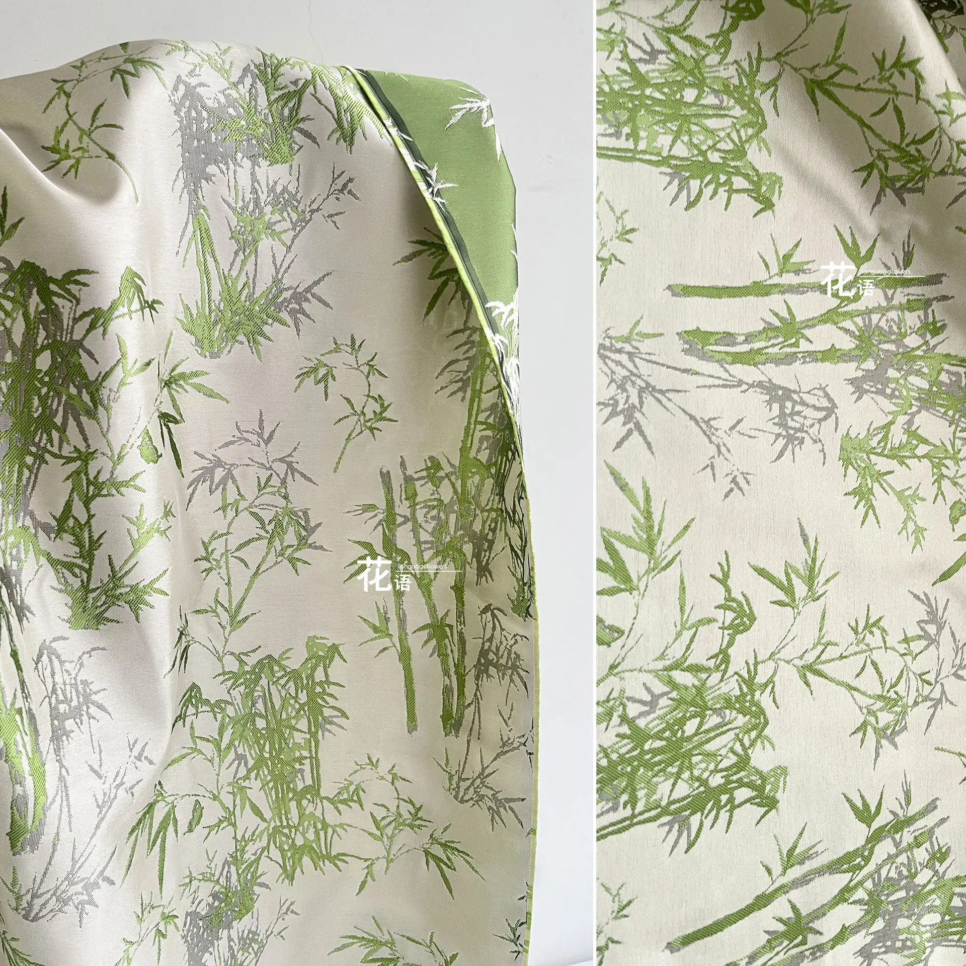 Apricot Green Bamboo Satin Designer Fabric Double Sided Jacquard for Pleated Skirts, Dressmaking and Creative Sewing Projects