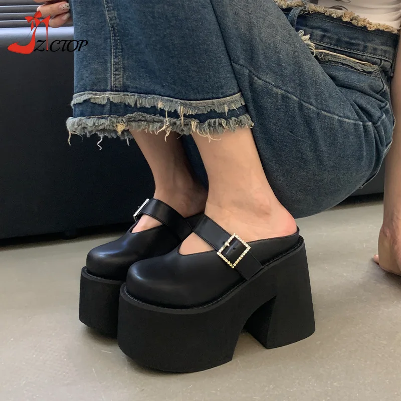

Plus Size Block Heel Platform Sandals Women 11cm Chunky High Heels Closed Toe Slippers Woman Black Gothic Punk Shoes Summer
