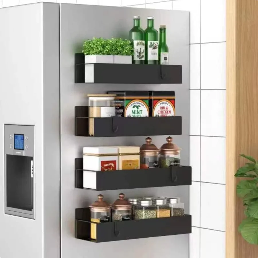 

Metal 4 Pack Magnetic Spice Storage Rack Organizer for Refrigerator and Oven Black Fridge Organizers and Storage