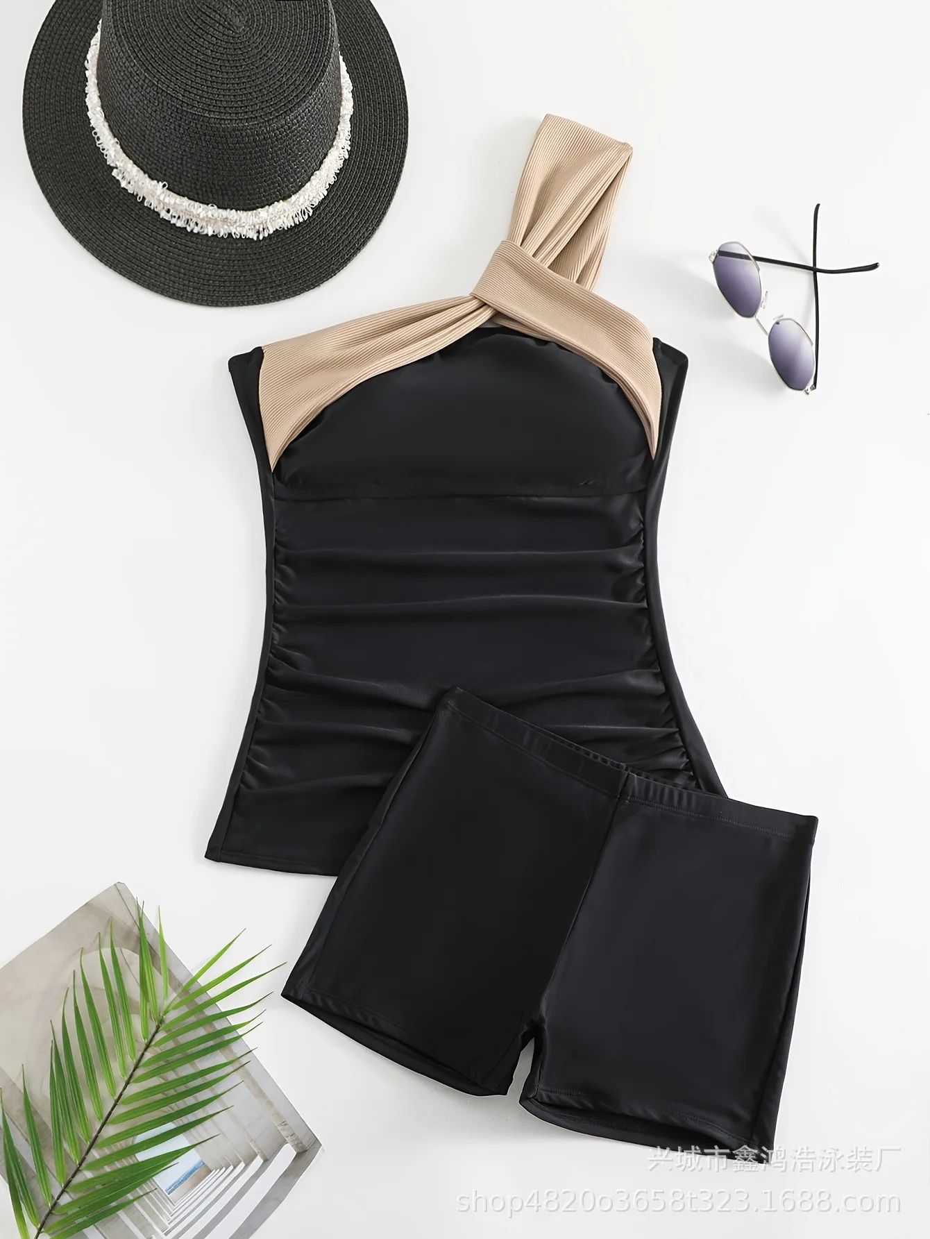 2026 Costume da bagno bikini monospalla a vita alta con controllo della pancia Costume da bagno sexy in due pezzi con copertura per pantaloncini da vacanza primaverili da spiaggia