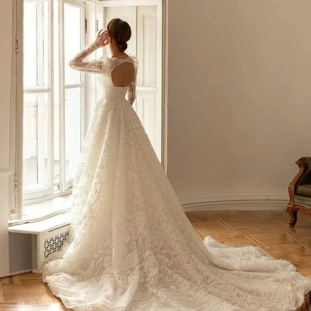 Flavinke customized Detachable Long Sleeve Lace Wedding Dresses 2025 Woman Ballgown Square Neck Bride Dresses Vestidos De Novia