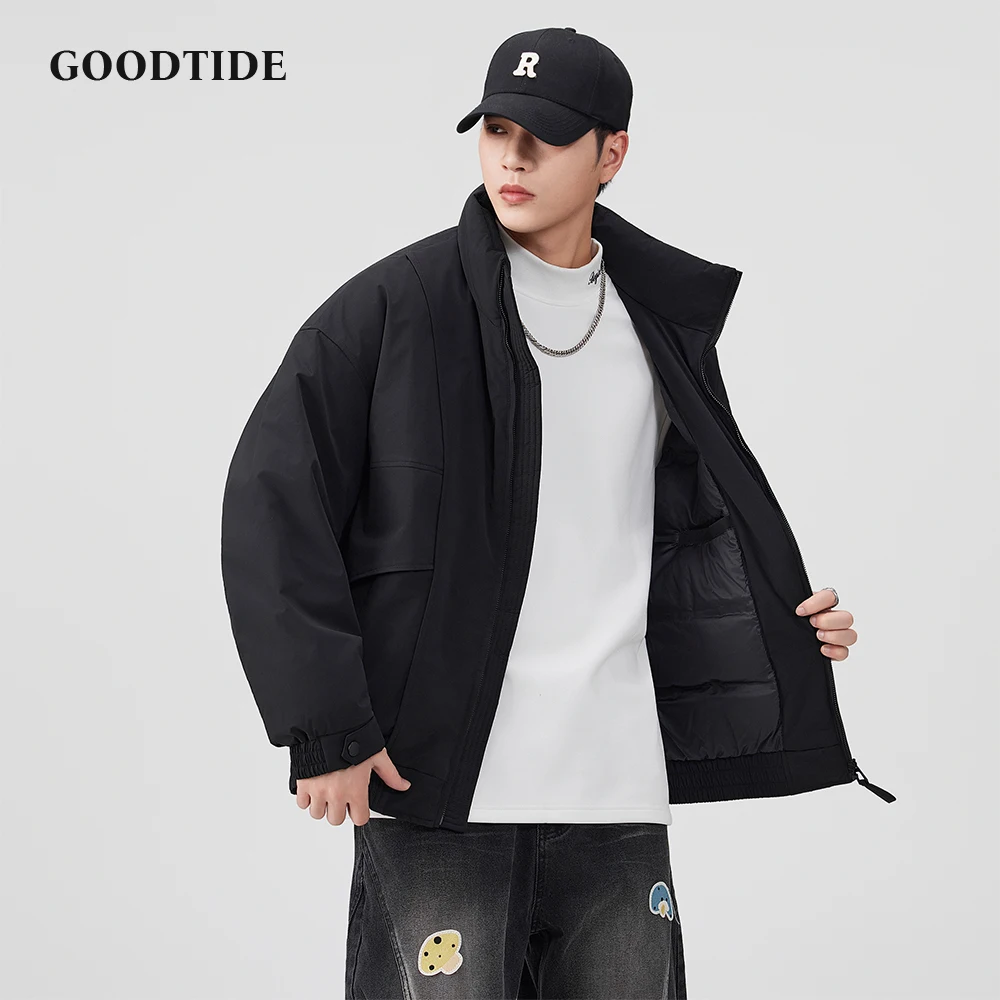 سترة منفوخة بسحّاب غير رسمية للرجال موضة شتاء 2025 بياقة واقفة جديدة تصميم متعدد الجيوب فضفاض مناسب للرجال سترة دافئة للأسفل