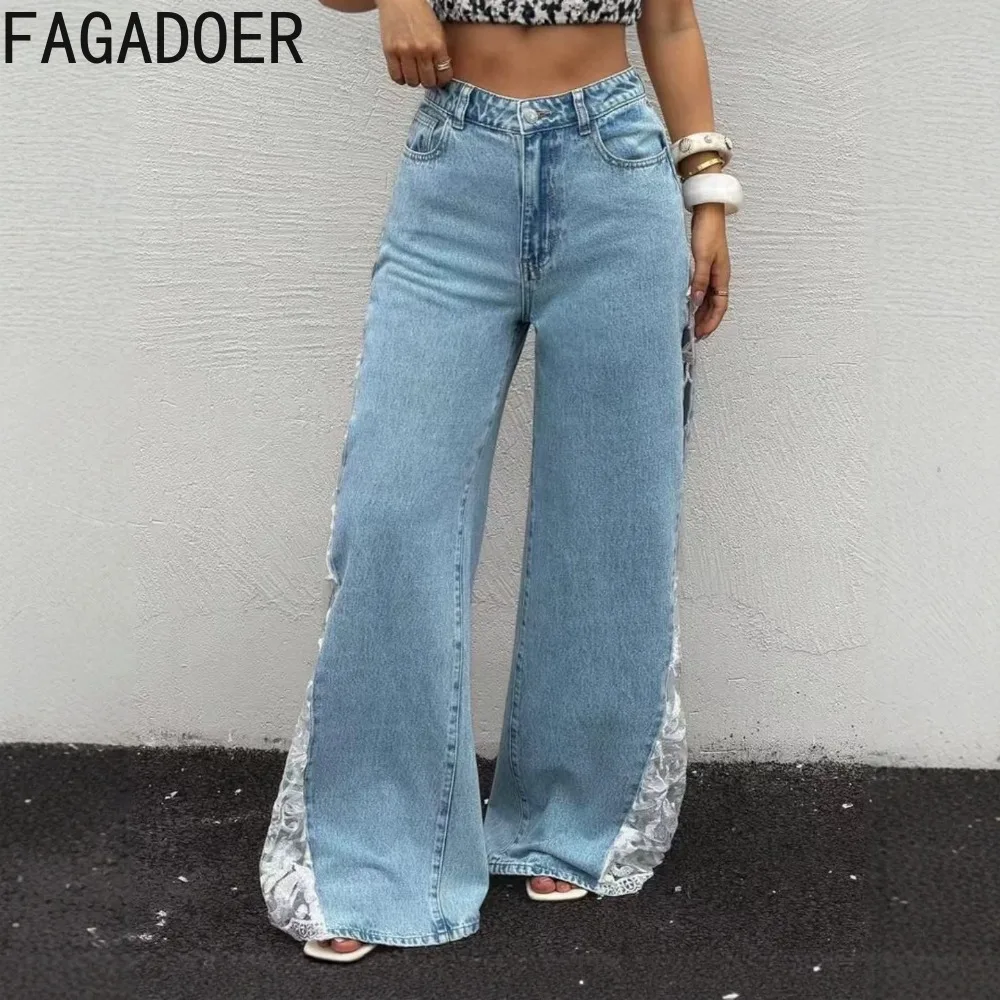 FAGADOER Fashion Lace Patchwork Denim Pants 2026 Office Lady Elegant Commute Wide Leg Jeans Summer Casual Blue Jean Bottoms New