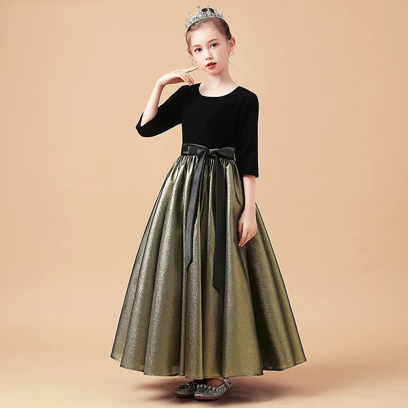 

It's Yiiya Индивидуальное платье с цветочным узором для девочек, черное фланелевое детское платье с круглым вырезом и рукавами 3/4, поясом и бантом, длиной до пола, на молнии сзади T048