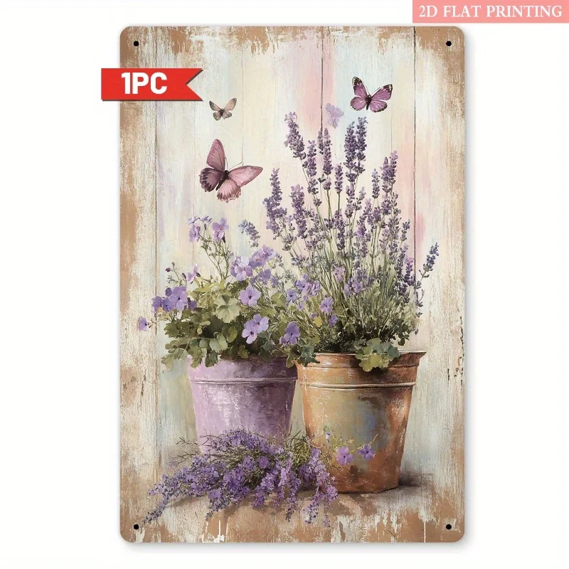 2D Flat, 1pc Vintage Rustic Lavender & Butterfly Metal Wall Art Sign - 8x12 Inch Iron Home Decor with 3D Visual Effect, No Elect